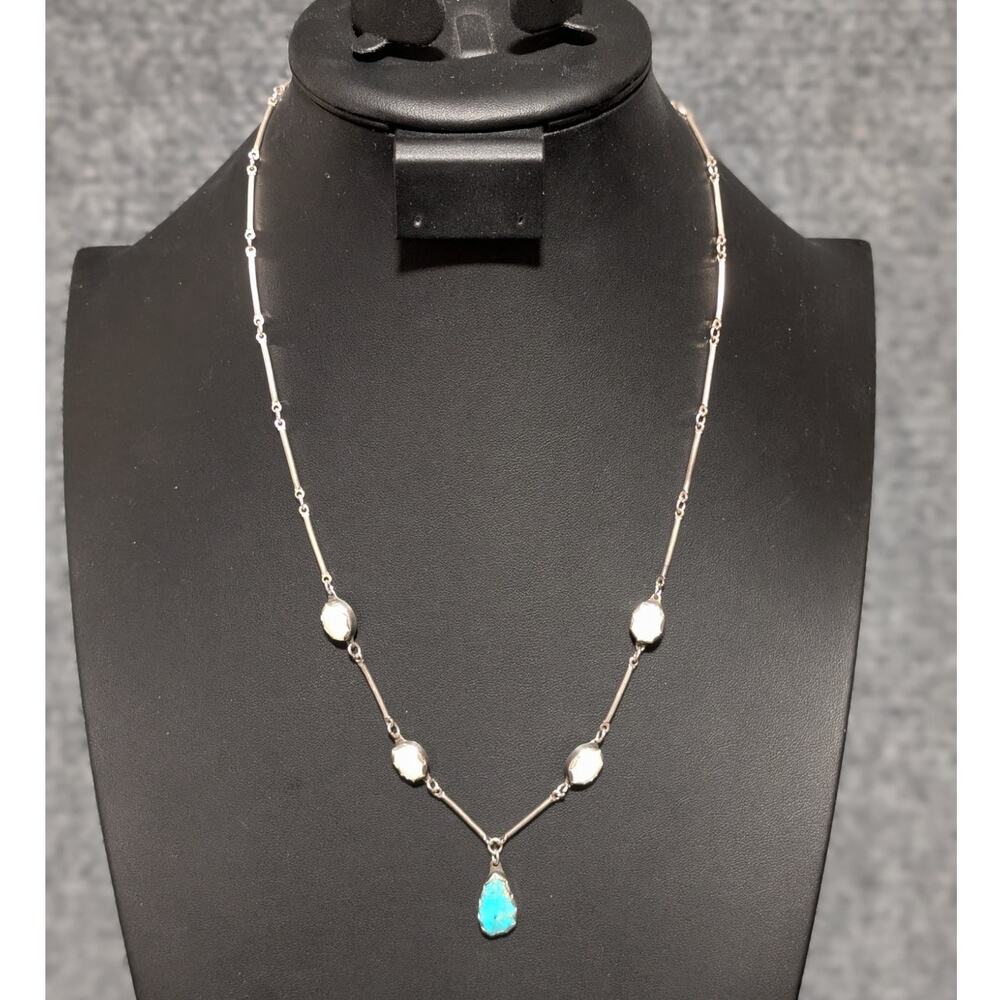 Vtg Sterling Signed Hand Set Turquoise & Mother of Pearl Bar Chain Drop Necklace
